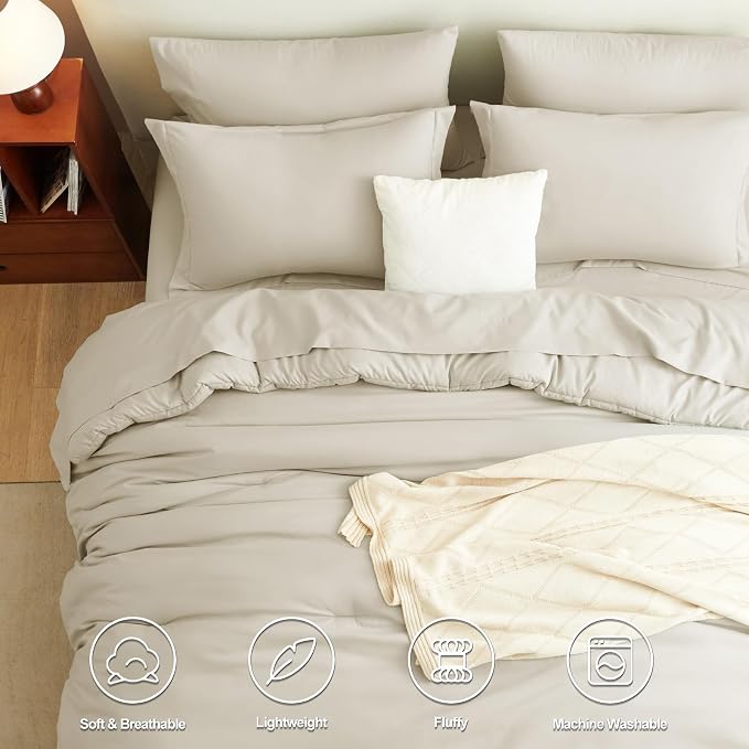 CozyLux Queen Comforter Set Oatmeal, 7 Pieces Bed in a Bag Queen Comforter Set - Image 2