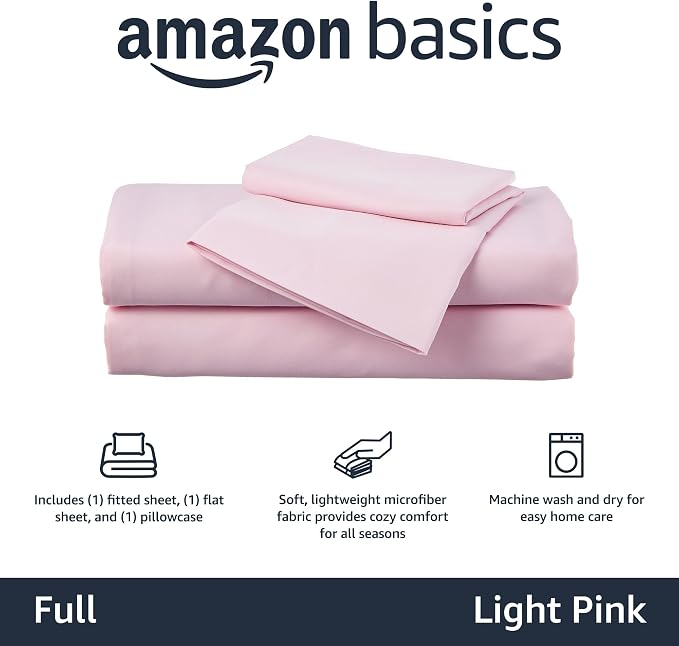 Amazon Basics Kid's Soft, Breathable Microfiber 4-Piece Sheet Set, Light Pink - Image 3
