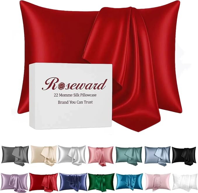 Red Silk Pillow Cases for Hair and Skin Made in USA, 100% Mulberry Silk by ROSEWARD