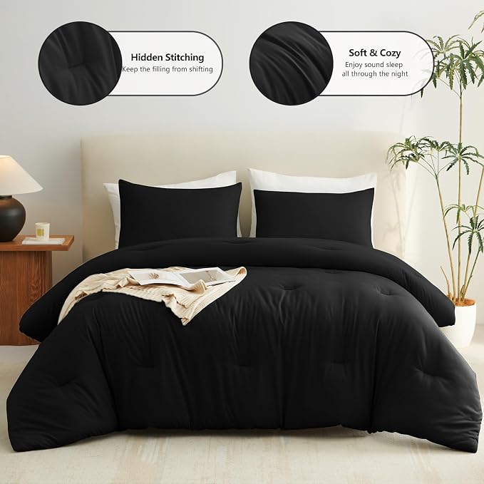 CozyLux Super King Plus Comforter Set Black, 3 Pieces 128x120 Solid Breathable - Image 2
