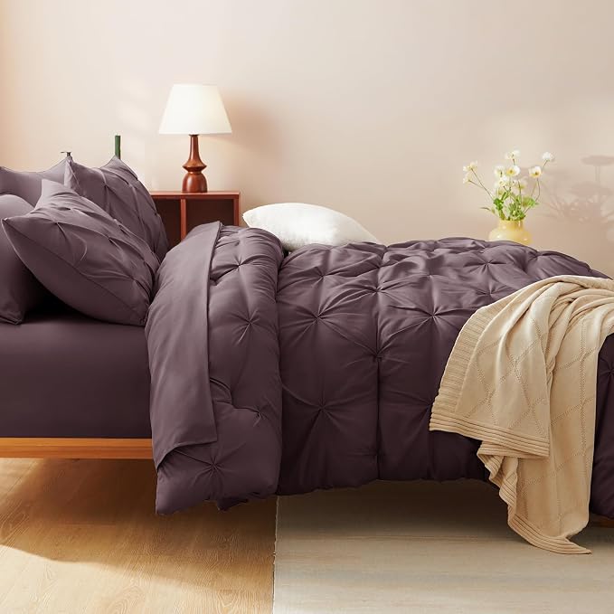 CozyLux King Size Comforter Set Cocoa Powder, 7 Pieces Pintuck Bed in A Bag - Image 8