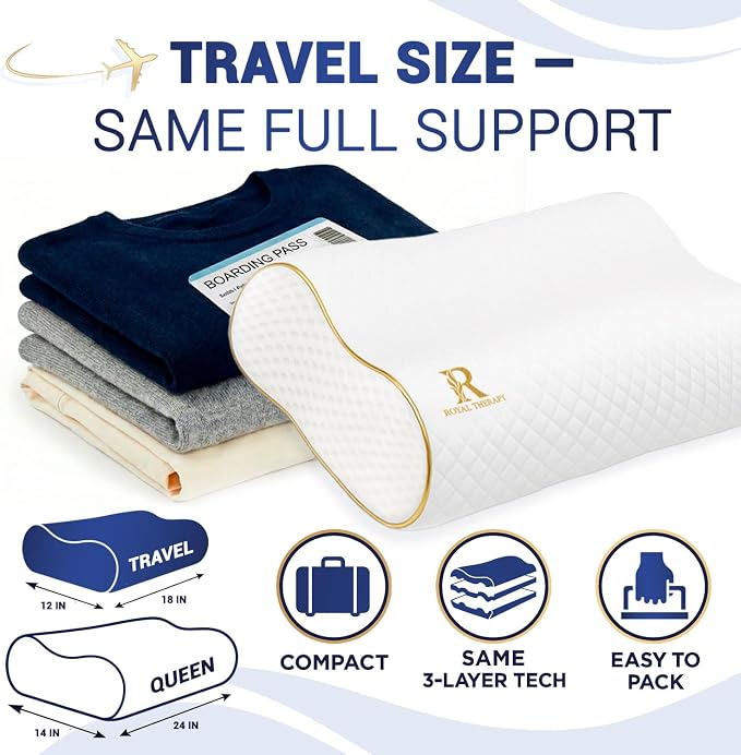 Royal Therapy Travel Memory Foam Pillow, Neck Pillow Bamboo Adjustable Side - Image 4