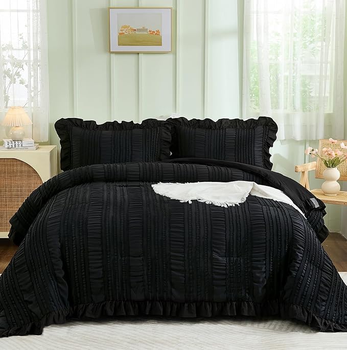 WONGS BEDDING Black Comforter Set Queen, 3 Pieces Ruffle Farmhouse Shabby Chic - Image 4