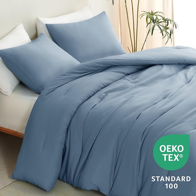CozyLux Grayish Blue King Size Comforter Set, 3 Pieces Dusty Blue Solid - Image 4