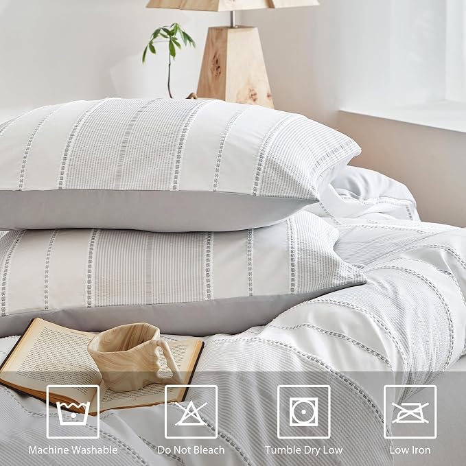 WARMDERN Light Grey Striped Weave Duvet Cover King Size, Microfiber Textured - Image 4