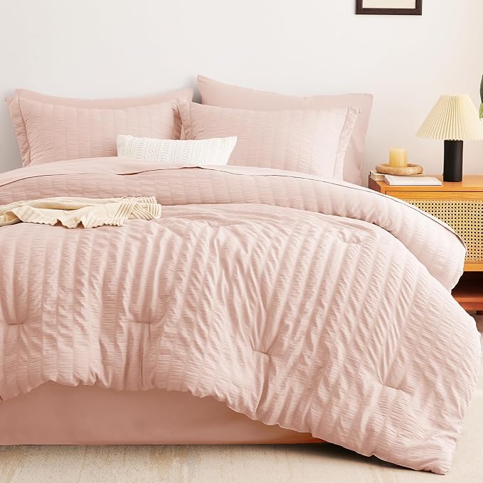 CozyLux King Size Comforter Set Blush Pink Seersucker 7 Pieces Bed in a Bag - Image 9