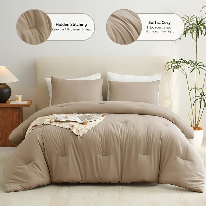 CozyLux Full Size Comforter Set Taupe, 3 Pieces Solid Breathable Quilted - Image 2