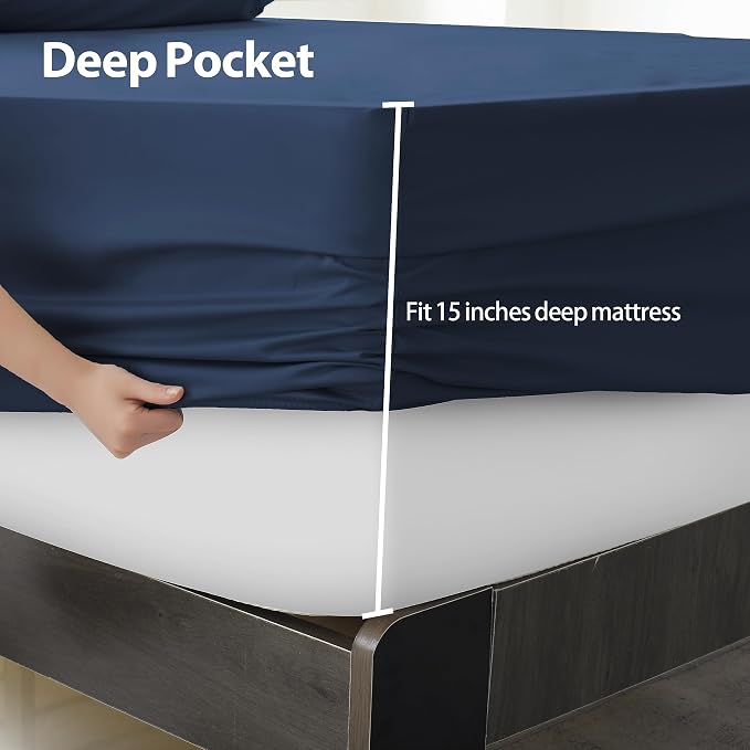 Queen Size Fitted Sheet Only Navy Blue, 100% Egyptian Cotton 600 Thread Count - Image 4