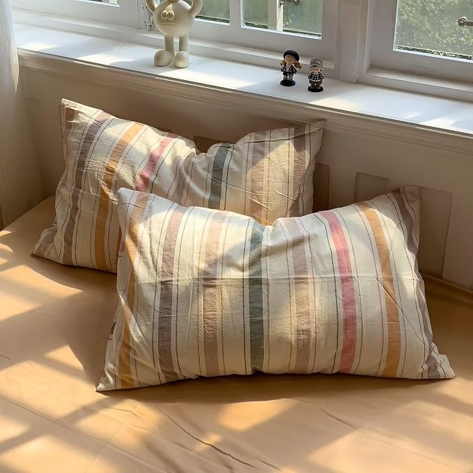 MKXI Washed Cotton Duvet Cover Set Retro Stripes in Autumn Palette 3-Piece - Image 4