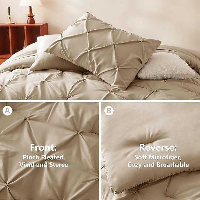 CozyLux Queen Comforter Set Taupe, 7 Pieces Pintuck Bed in A Bag, Premium Taupe - Image 3