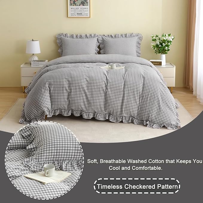 Silnuo Grey/White Checkered Ruffle 3-Piece Duvet Cover Set Queen Size, Washed - Image 3