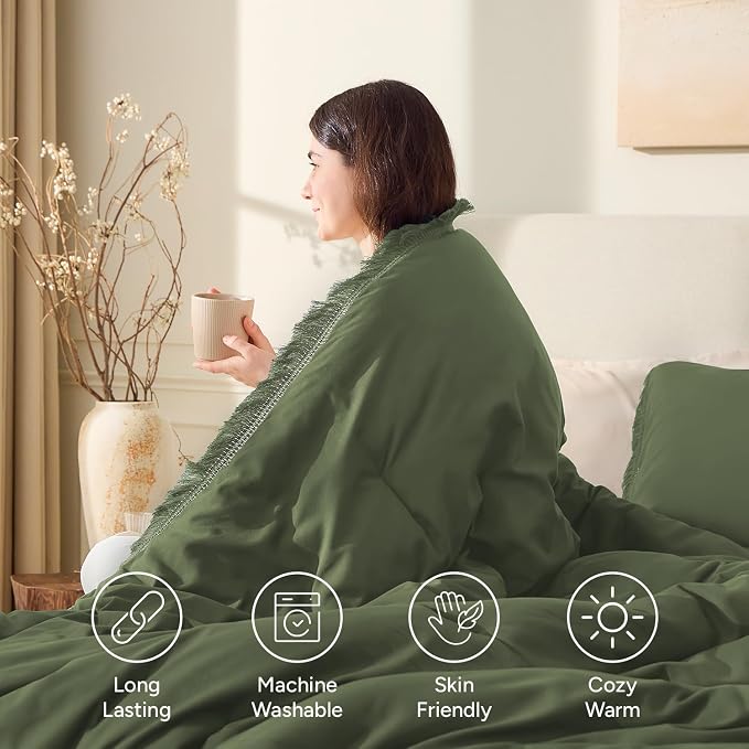 Andency Olive Green Comforter Set Full Size, 3 Pieces Boho Tassel Lightweight - Image 4