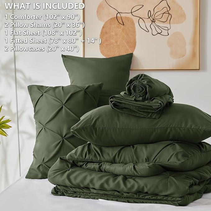CozyLux King Size Comforter Set Olive Green, 7 Pieces Pintuck Bed in A Bag - Image 7