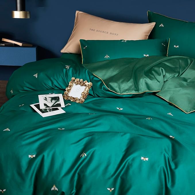 mixinni Dark Green Duvet Cover Queen Size, 100% Long Staple Cotton Honeybee - Image 2