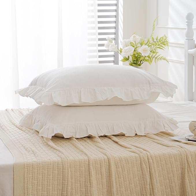 Shabby Off White Ruffle Pillow Shams Standard Size Set of 2, Washed Cotton - Image 3