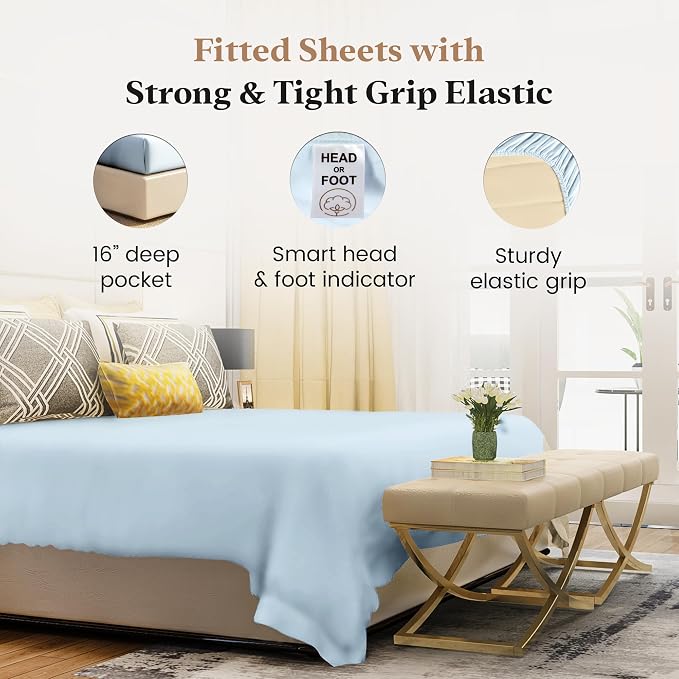 1000 Thread Count Light Blue King Fitted Sheet Only Deep Pocket, Egyptian - Image 3