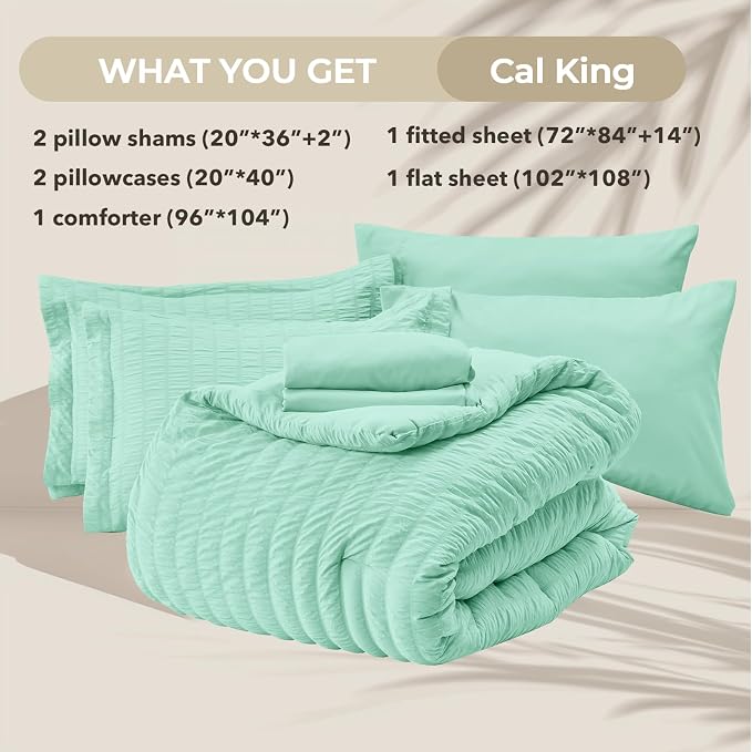 HYMOKEGE Mint Green California King Comforter Set Seersucker 7 Pieces, All - Image 6