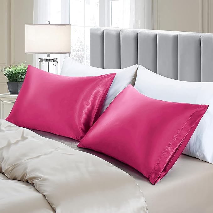 Aormenzy Satin Pillow Cases for Women Queen Size Set of 2, Hot Pink Satin - Image 3