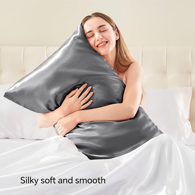 BEDELITE Satin Pillowcase with Zipper, Dark Grey King Size Pillow Cases Set of 2 - Image 2