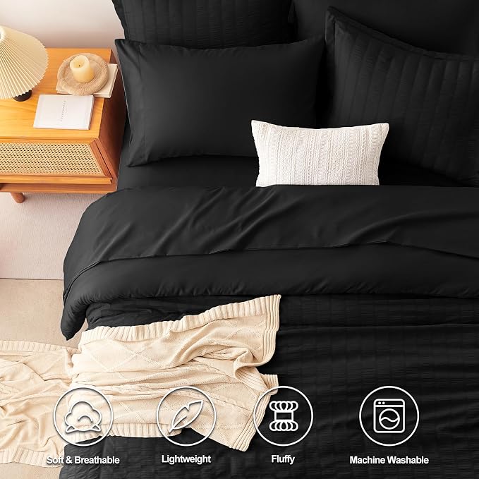 CozyLux Oversized King Comforter Set Black Seersucker 7 Pieces 120x98 Bed in a - Image 2