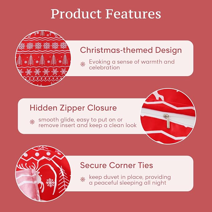 JSD Red Christmas Duvet Cover Set Queen Size, 3 Piece Snowflakes Reindeer - Image 3