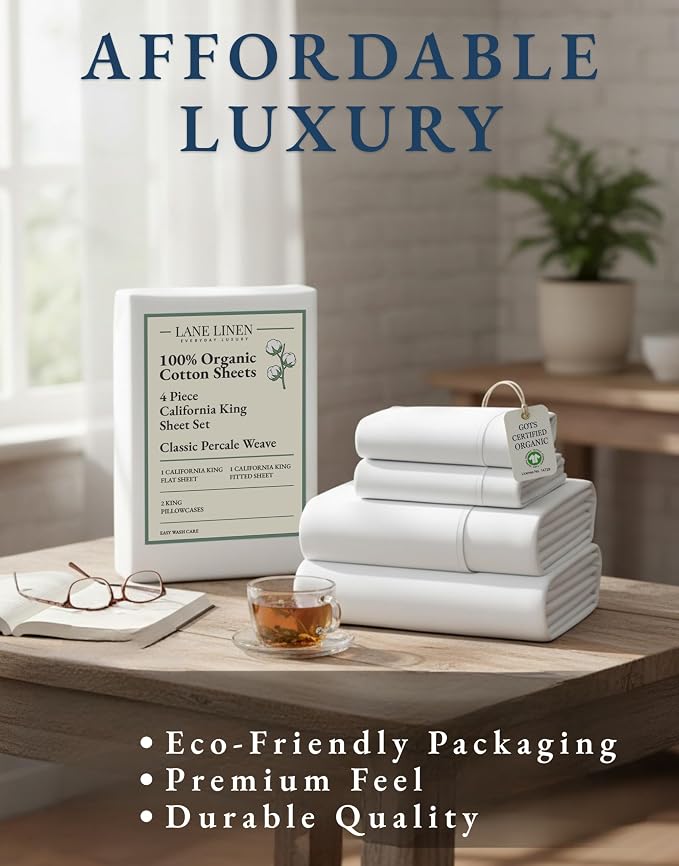 LANE LINEN 100% Organic Cotton California King Sheets Set, 4-Piece Pure Long - Image 8