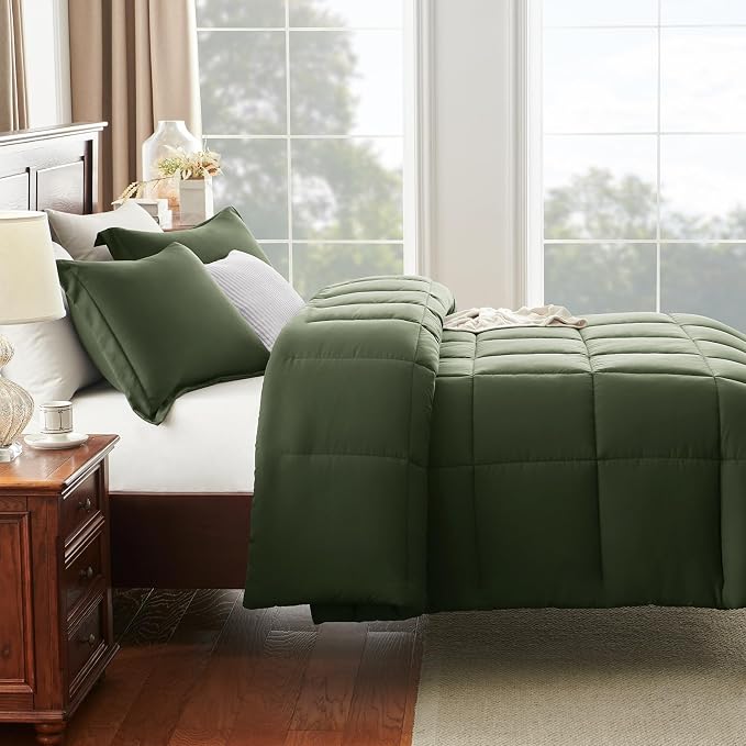 CozyLux Oversized King Comforter Set, 3 Pieces Olive Green 120x98 Box Stitched - Image 8