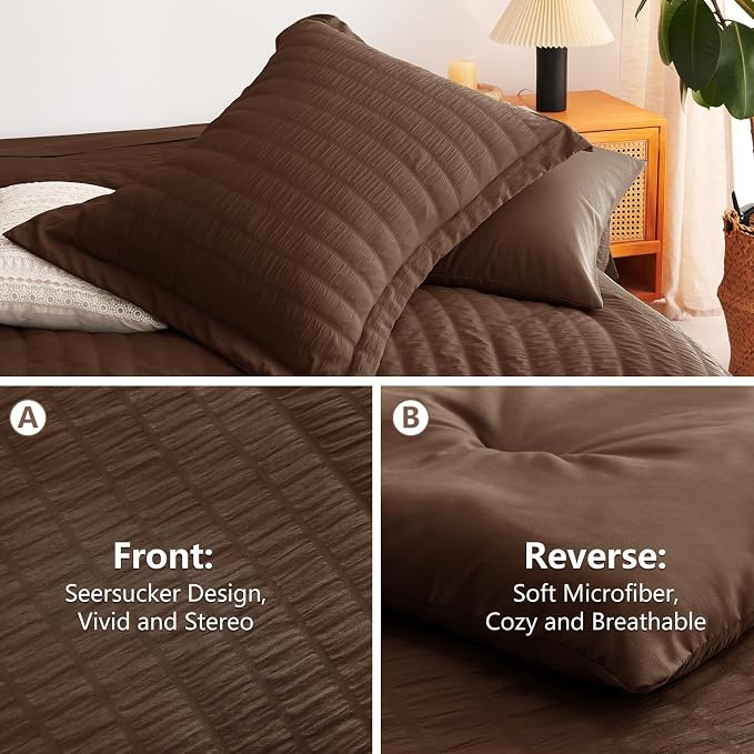 CozyLux Oversized Queen Comforter Set Brown Seersucker 7 Pieces 98x98 Bed in a - Image 4