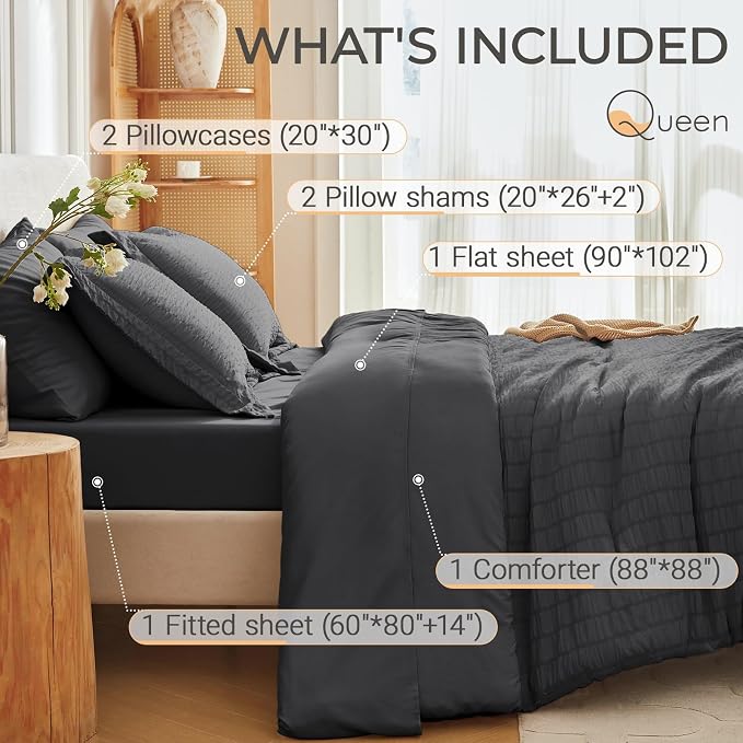 MUXHOMO 7 Pieces Queen Comforter Set, Seersucker Bed in a Bag Queen Size - Image 4