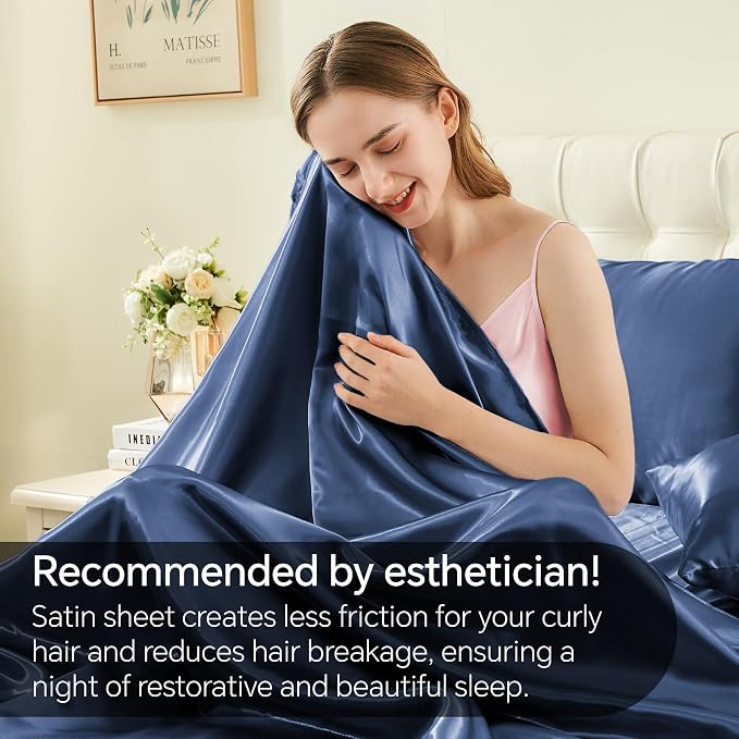 BEDELITE Satin Sheets Twin XL Size Bed Set, Luxury Soft Navy Silky Sheets - Image 4