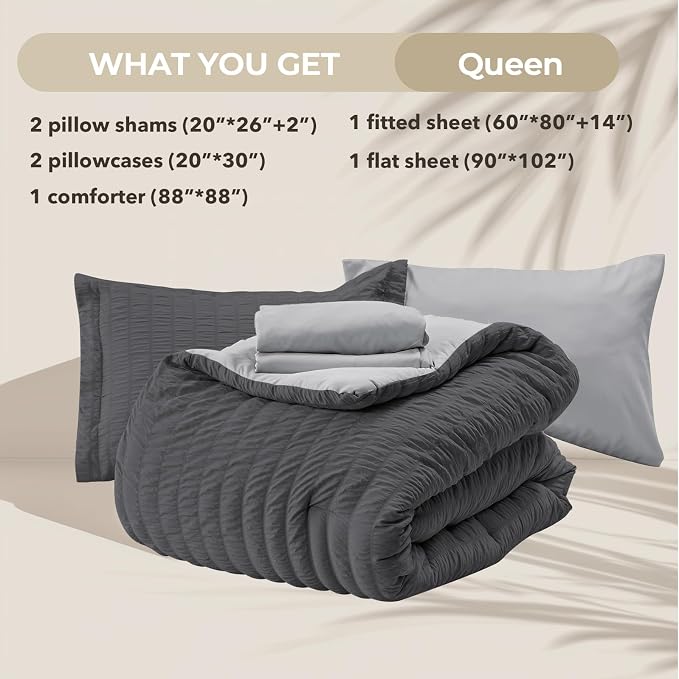 HYMOKEGE Dark Grey/Light Grey Queen Comforter Set Seersucker 7 Pieces, All - Image 5