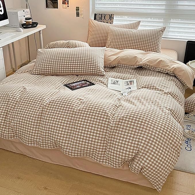 Nayoroom Brown Gingham Duvet Cover Queen Size 100% Washed Cotton Duvet Cover 3 - Image 3