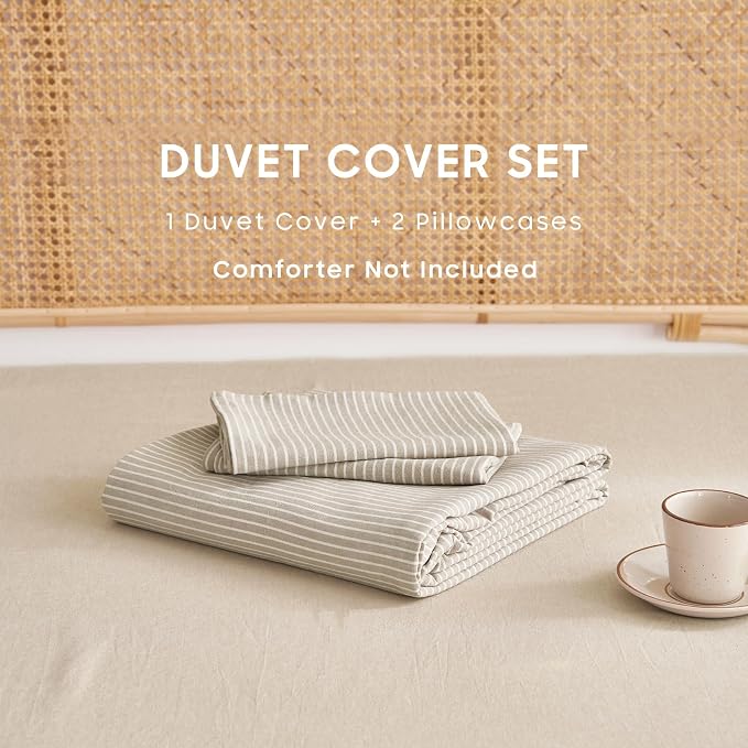 Wake In Cloud - Striped Cotton Duvet Cover Set, 100% Washed Cotton Textured - Image 2