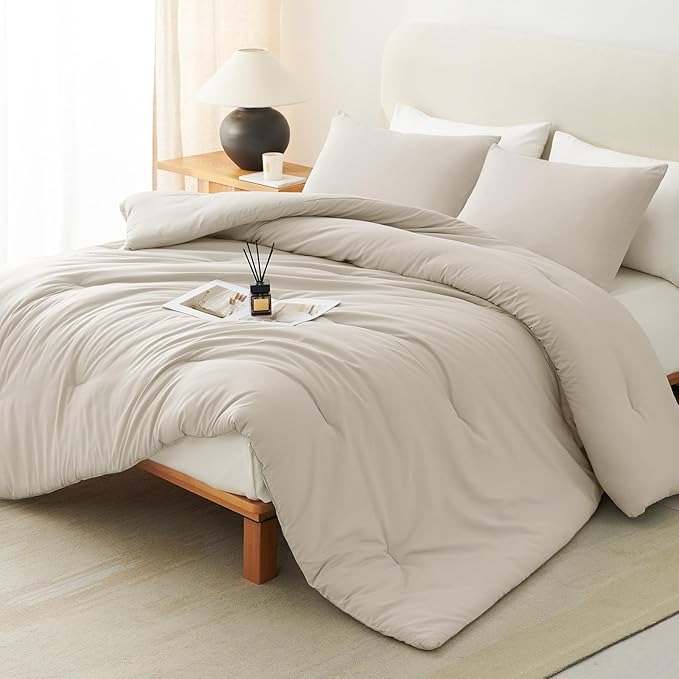 CozyLux King Size Comforter Set Oatmeal, 3 Pieces Solid Comforters King Size by CozyLux