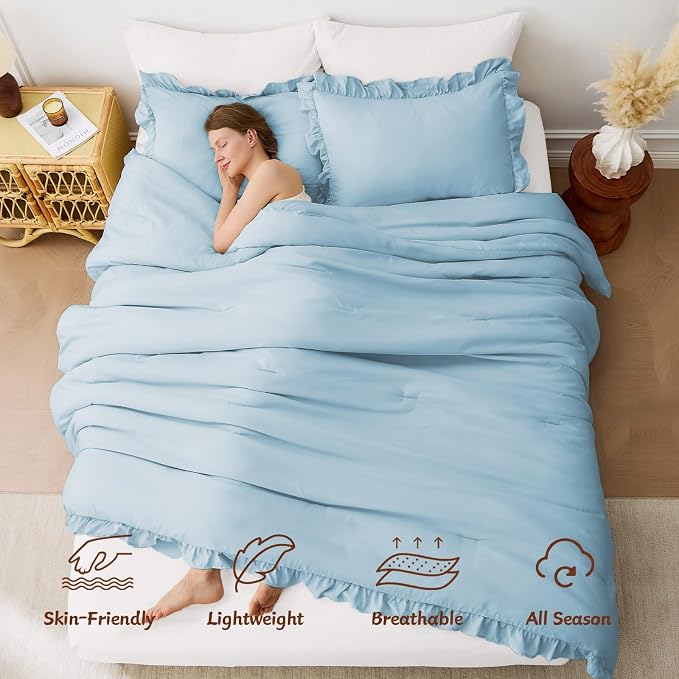 FUANNA Full Size Comforter Sets Light Blue, 3 Pieces Ruffle Full Size Bedding - Image 2