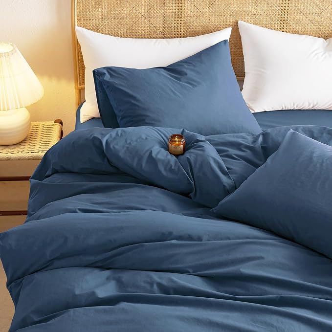 Wake In Cloud - Cotton Duvet Cover Set, Full Size, Dark Navy Blue, 100% Washed - Image 4