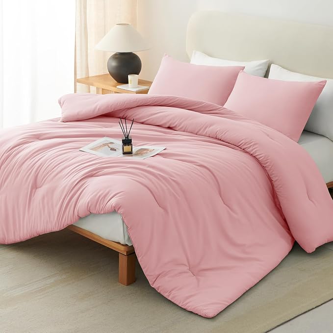CozyLux Full Size Comforter Set Pink, 3 Pieces Solid Breathable Quilted Bedding by CozyLux