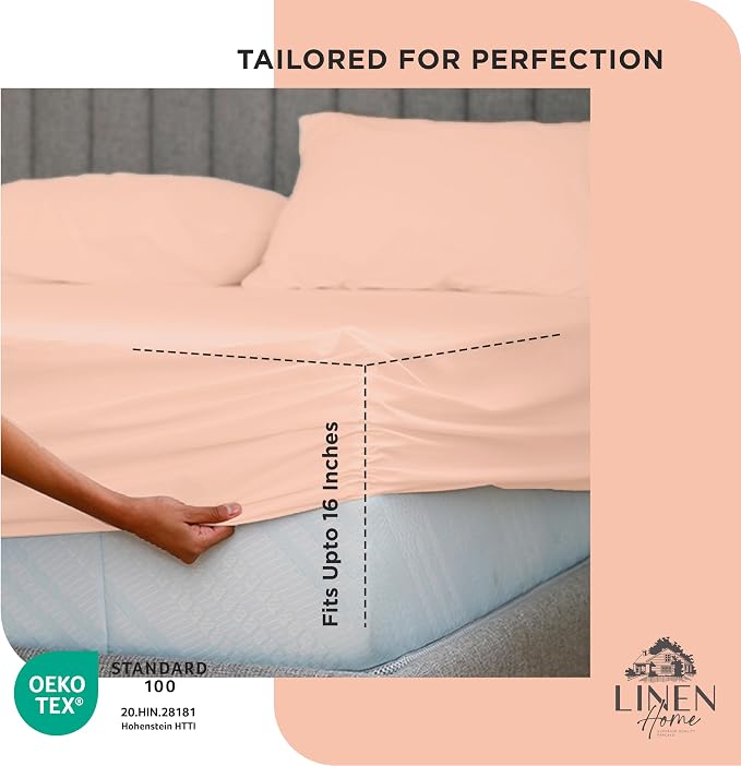Linen Home 100% Cotton Percale Weave Fitted Sheet, Twin Size, Tropical Peach - Image 3