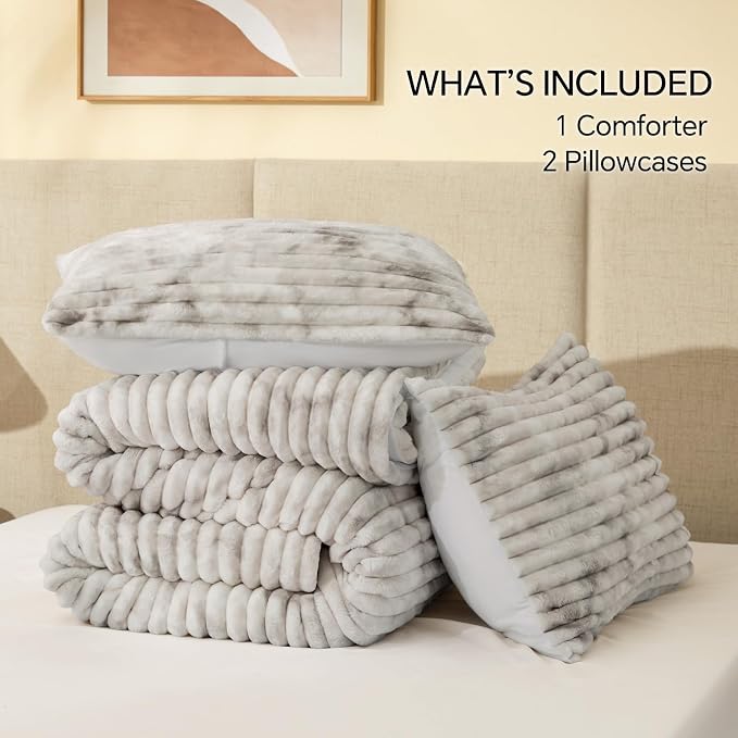 BEDELITE Fleece Full Comforter Set -Super Soft & Warm Fluffy Grey&White Bedding - Image 6