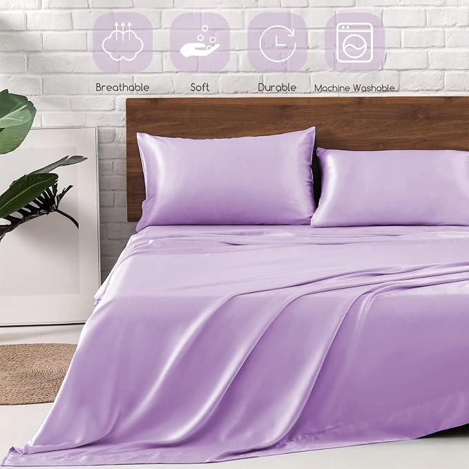 MR&HM Satin Bed Sheets with Elastic Corner Straps, King Size Sheets Set - Image 5