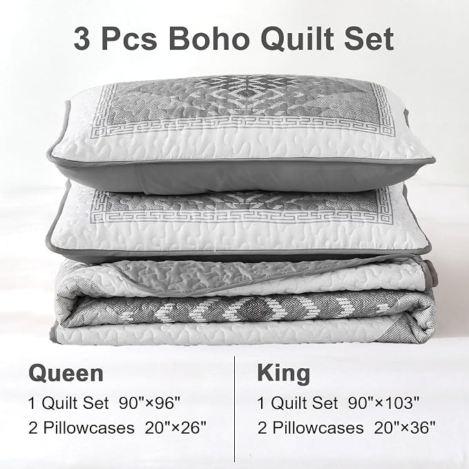 Boho Quilt Set King Size 3 Pieces Grey Aztec King Quilt Set Bohemian Bedspread - Image 8