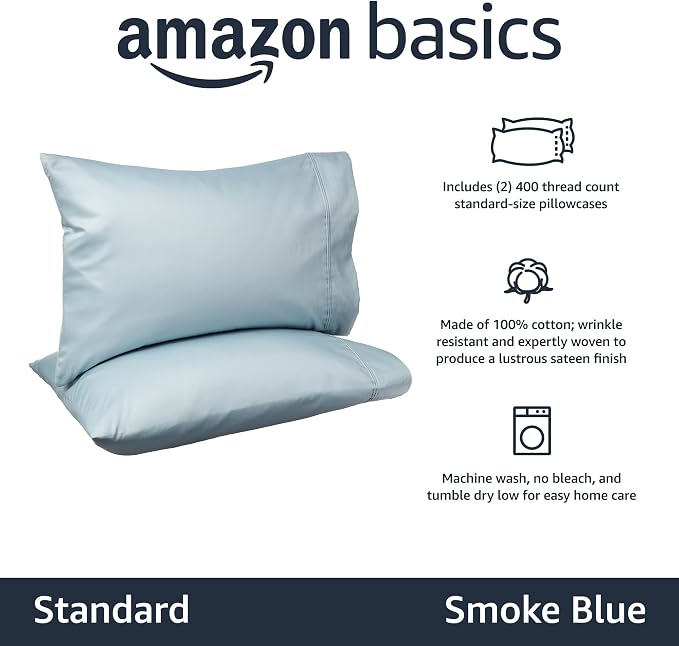 Amazon Basics 400 Thread Count Cotton Pillow Case, Smoke Blue - Image 2
