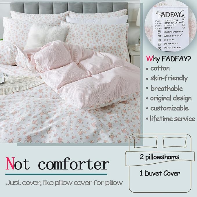 FADFAY Full Duvet Cover Set Pink Floral Comforter Cover 100% Cotton Girls Pink - Image 2