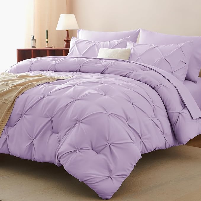 HIMEET Pintuck Bed in a Bag, 7 Pieces King Size Comforter Set Lavender - Image 8