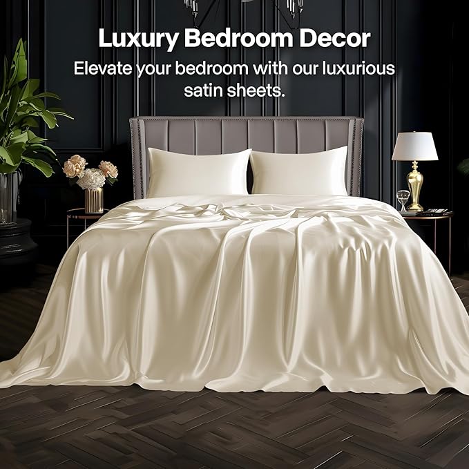 BEDELITE California King Sheets Set, Luxury Soft Beige Satin Sheets - Image 2