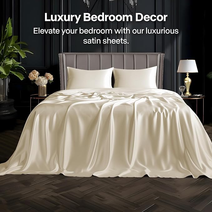 BEDELITE Satin Sheets Queen Size Bed Set, Luxury Soft Beige Silky Sheets - Image 2
