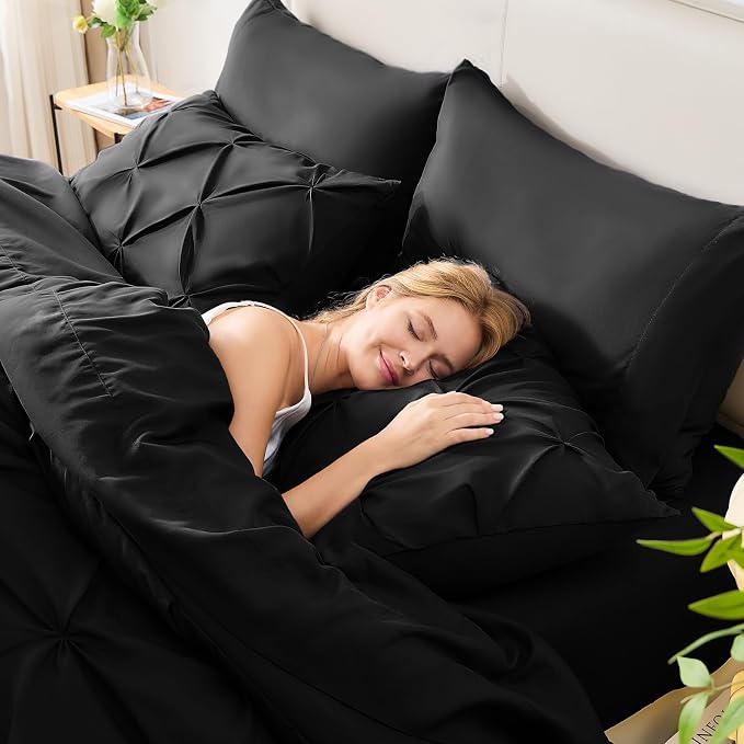 HIMEET Pintuck Bed in a Bag, 5 Pieces Twin XL Comforter Set Black, Extra Long - Image 7