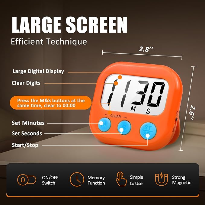 6 Pack Digital Kitchen Timer for Cooking Big Digits Loud Alarm Magnetic Backing - Image 2