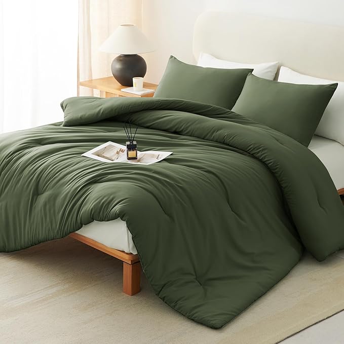 CozyLux California King Comforter Set Olive Green, 3 Pieces Cal King Solid by CozyLux