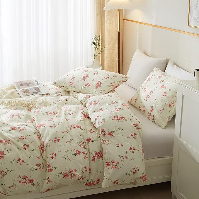 mixinni Boho Red Floral Girl Duvet Cover Set, Soft Cotton Twin Size 3-Piece - Image 4